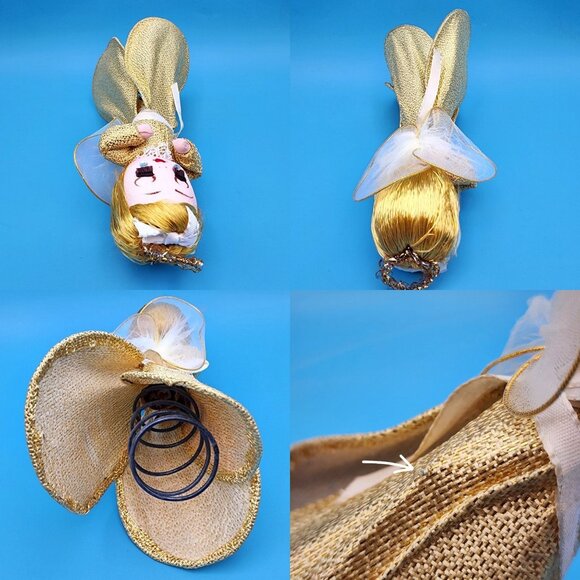 1960s Gold Stockinette Angel Tree Toppers Pair Rhinestone Tears Tulle Wings Gold - Picture 5 of 10